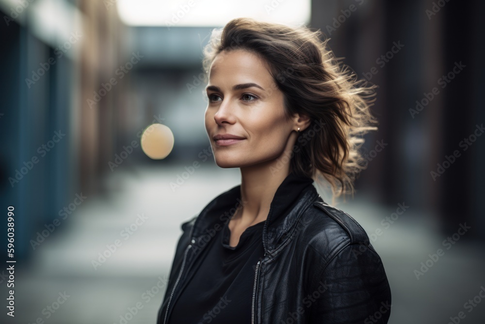 Portrait of a beautiful young woman in a black leather jacket. Portrait of a beautiful young woman in a black leather jacket.