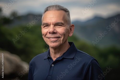 Portrait of happy senior man smiling at camera outdoors on blurred background