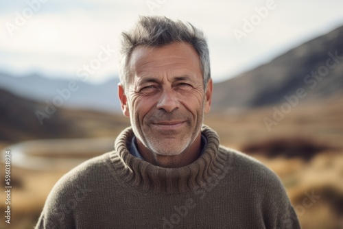 Portrait of handsome mature man smiling at camera outdoors in the countryside