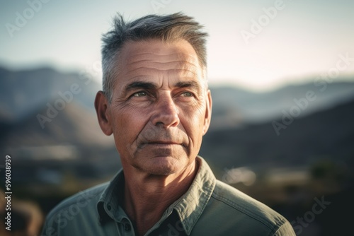 Portrait of senior man looking at camera in mountains. Mature man outdoors.