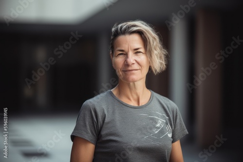 Portrait of mature woman with grey hair in grey t-shirt