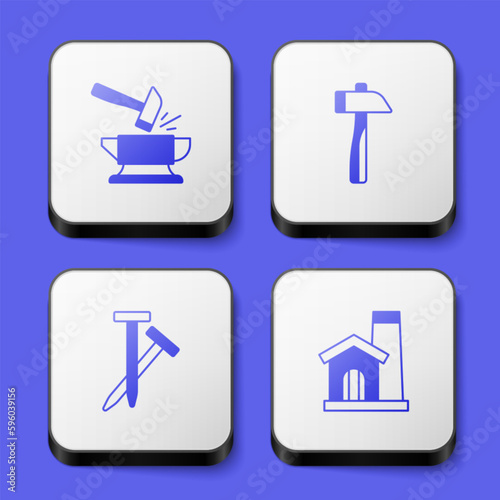 Set Anvil and hammer, Hammer, Metallic nails and Smithy workshop interior icon. White square button. Vector