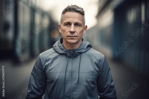 Portrait of a handsome mature man in a blue jacket outdoors.