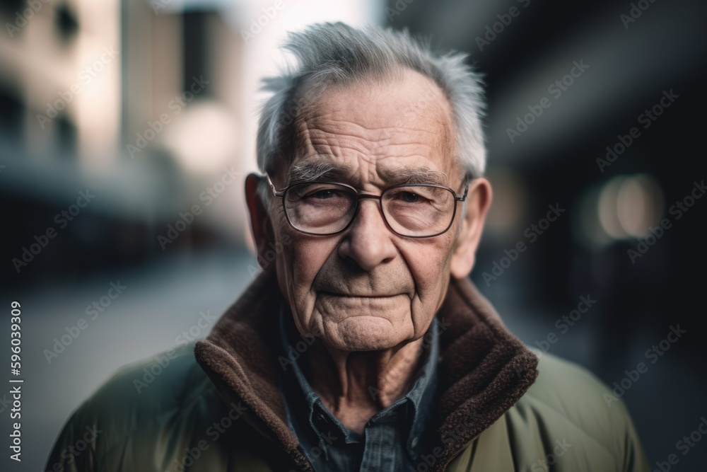 Portrait of an old man with eyeglasses in the city