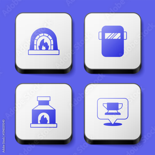 Set Blacksmith oven, Welding mask, and anvil tool icon. White square button. Vector