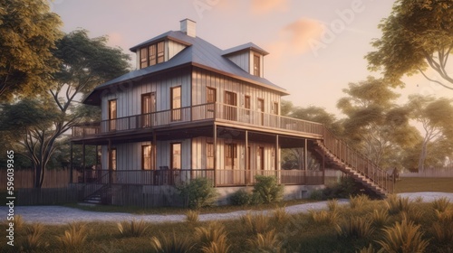 Vernacular exterior house design in daytime golden hour generative ai © Hixel