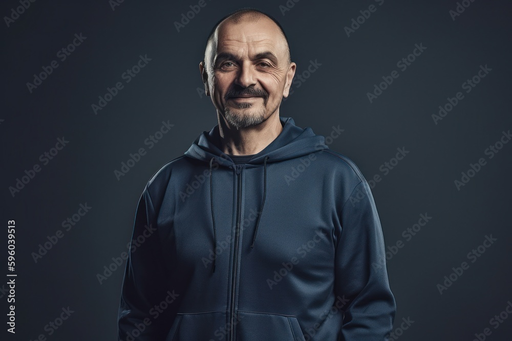 Portrait of a smiling mature man in sportswear on a dark background. Portrait of a smiling mature man in sportswear on a dark background.