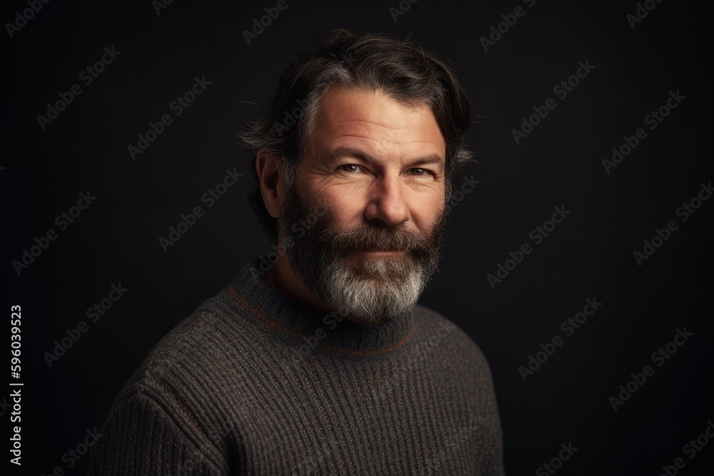Environmental portrait photography of a pleased man in his 40s wearing a cozy sweater against an abstract background. Generative AI