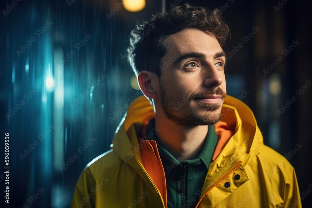 Portrait of handsome young man in yellow raincoat looking away at night