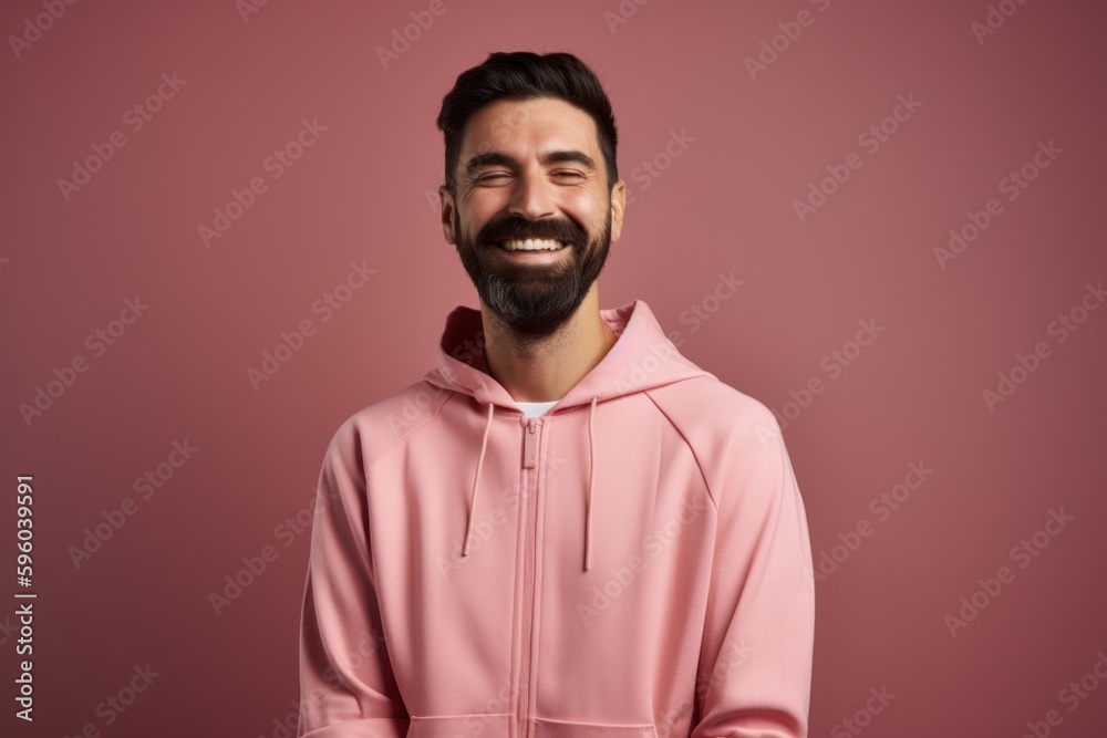 Portrait of a smiling man in a pink hoodie on a pink background