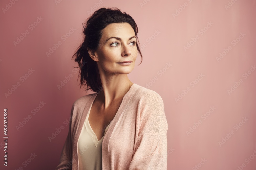 Environmental portrait photography of a satisfied woman in her 40s wearing a chic cardigan against a pastel or soft colors background. Generative AI Environmental portrait photography of a satisfied woman in her 40s wearing a chic cardigan against a pastel or soft colors background. Generative AI