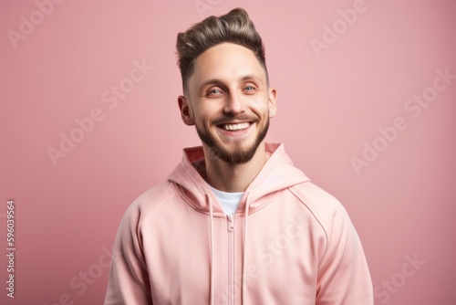 Portrait of a happy young man in pink hoodie smiling at camera isolated over pink background