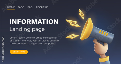 Megaphone landing page banner information, business communication. Vector