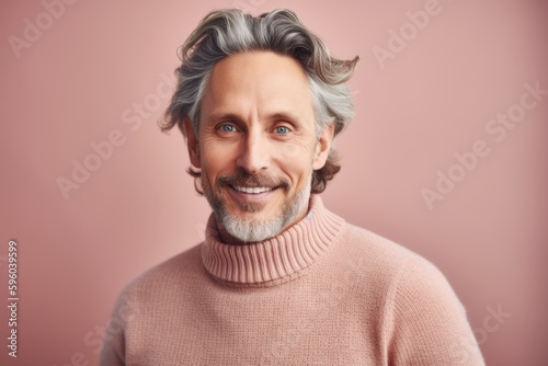 Portrait of a smiling senior man with grey hair wearing a pink sweater