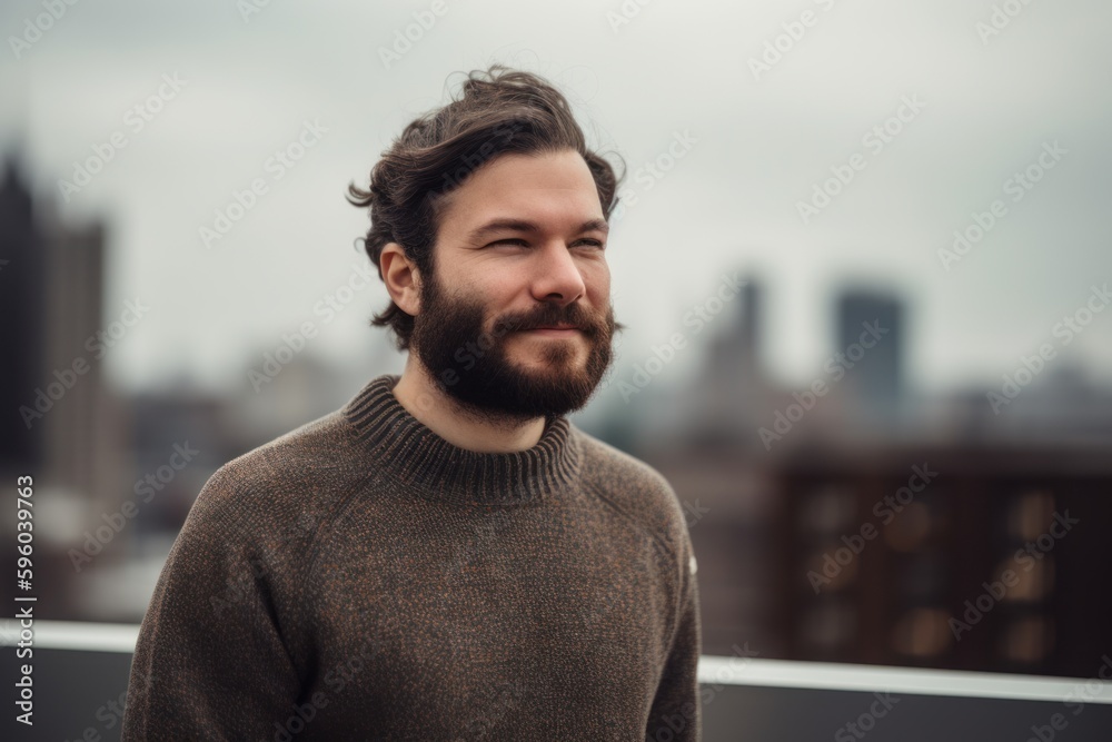 Young handsome bearded hipster man with long hair in a brown sweater posing in an urban context Young handsome bearded hipster man with long hair in a brown sweater posing in an urban context
