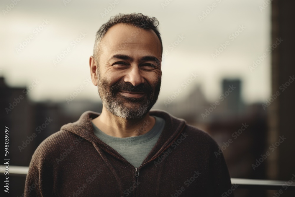 Handsome middle-aged man with beard and mustache smiling at camera while standing on balcony Handsome middle-aged man with beard and mustache smiling at camera while standing on balcony