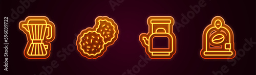 Set line Coffee maker moca pot, Cookie or biscuit, Kettle with handle and Bag coffee beans. Glowing neon icon. Vector