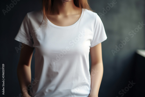 female, blank white t-shirt with copy space for your advertising text Generative AI