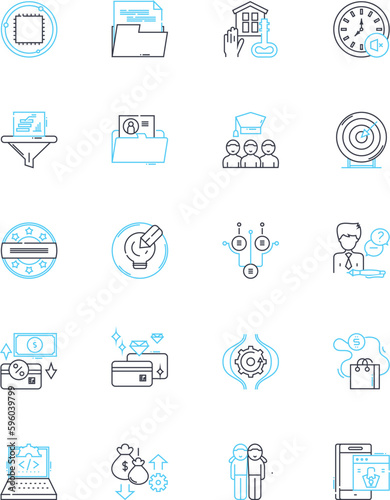 Interior design for workspace linear icons set. Productivity, Ergonomics, Spatial, Structure, Lighting, Color, Atmosphere line vector and concept signs. Layout,Texture,Comfort outline illustrations