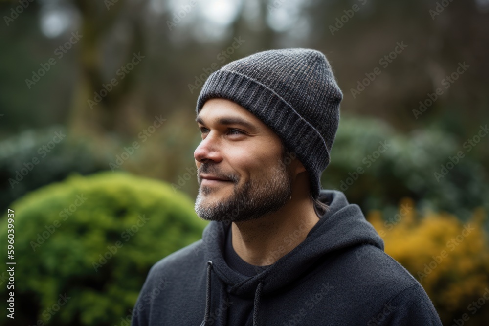 Portrait of a handsome young man with beard and hat in the park