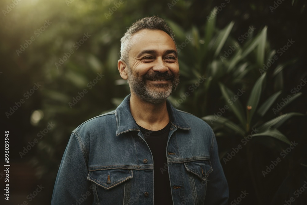 Portrait of a smiling middle-aged man with a beard in a denim jacket