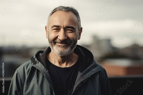 Portrait of a senior man with grey hair and beard wearing a hoodie.