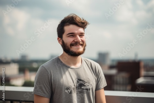 Young handsome bearded hipster man in gray T-shirt on the roof top