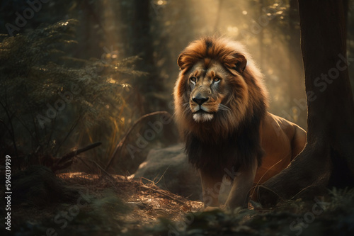 Majestic lion standing still in the forest. created with Generative AI