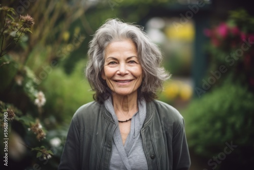 Portrait of smiling senior woman standing in front of flower bed in garden