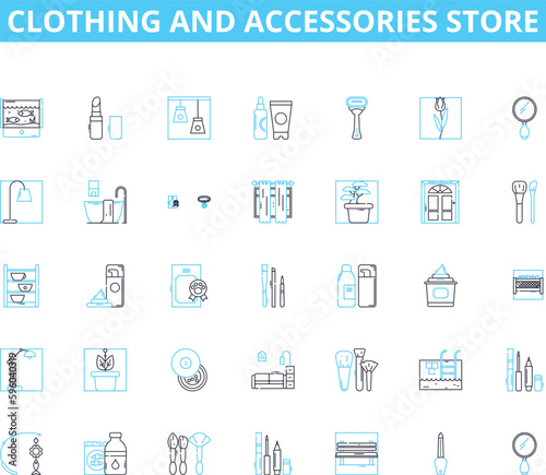 Clothing and Accessories Store linear icons set. Fashion, Apparel, Accessories, Trendy, Style, Chic, Boutique line vector and concept signs. Footwear,Eyewear,Glamorous outline illustrations