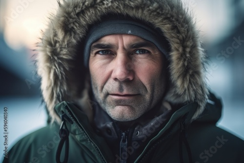 Portrait of a middle-aged man in a winter jacket with a hood.