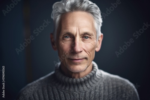 Portrait of a handsome mature man with grey hair in a gray sweater