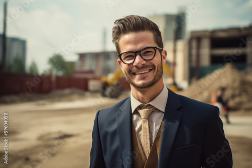 Portrait of young handsome businessman in suit and eyeglasses on construction site