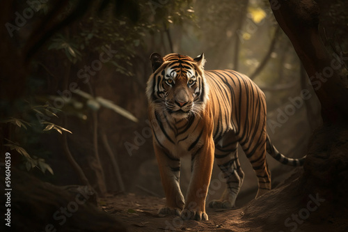 Majestic tiger standing still in the forest. created with Generative AI