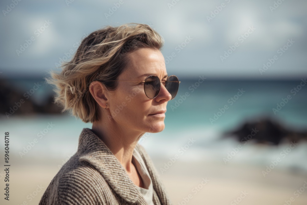 Photography in the style of pensive portraiture of a pleased woman in her 40s wearing a chic cardigan against an island or beach paradise background. Generative AI Photography in the style of pensive portraiture of a pleased woman in her 40s wearing a chic cardigan against an island or beach paradise background. Generative AI