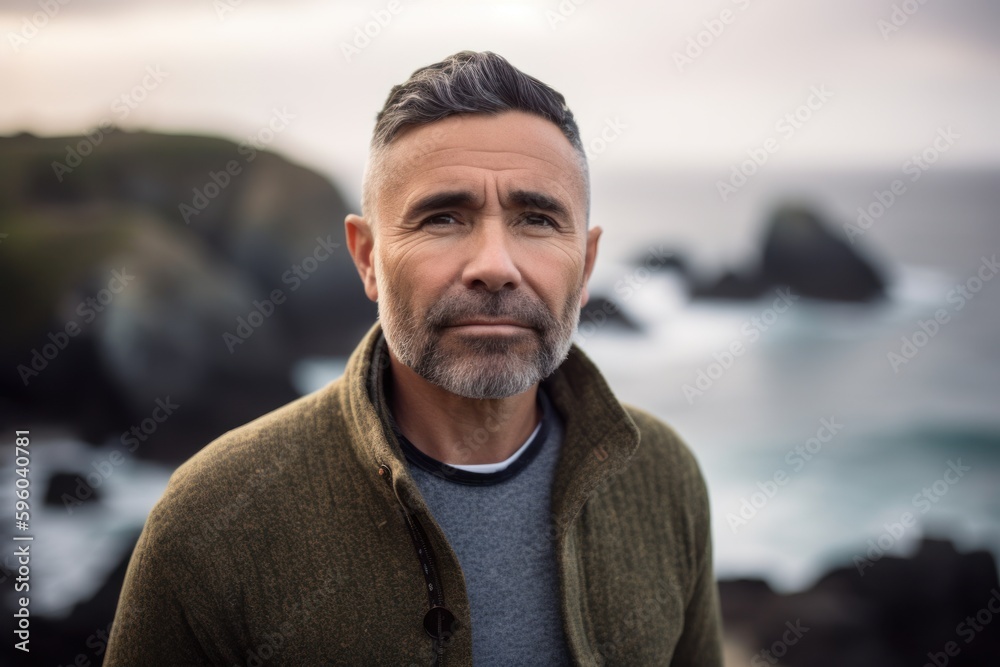 Portrait of handsome mature man standing by the sea at the beach Portrait of handsome mature man standing by the sea at the beach