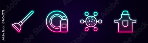 Set line Rubber plunger, Dishwashing bottle and plate, Bacteria and Kitchen apron. Glowing neon icon. Vector