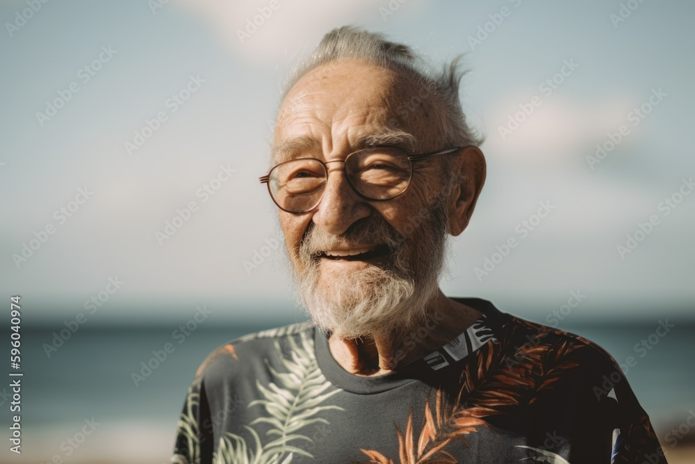 Portrait of a senior man with glasses on the beach at sunset