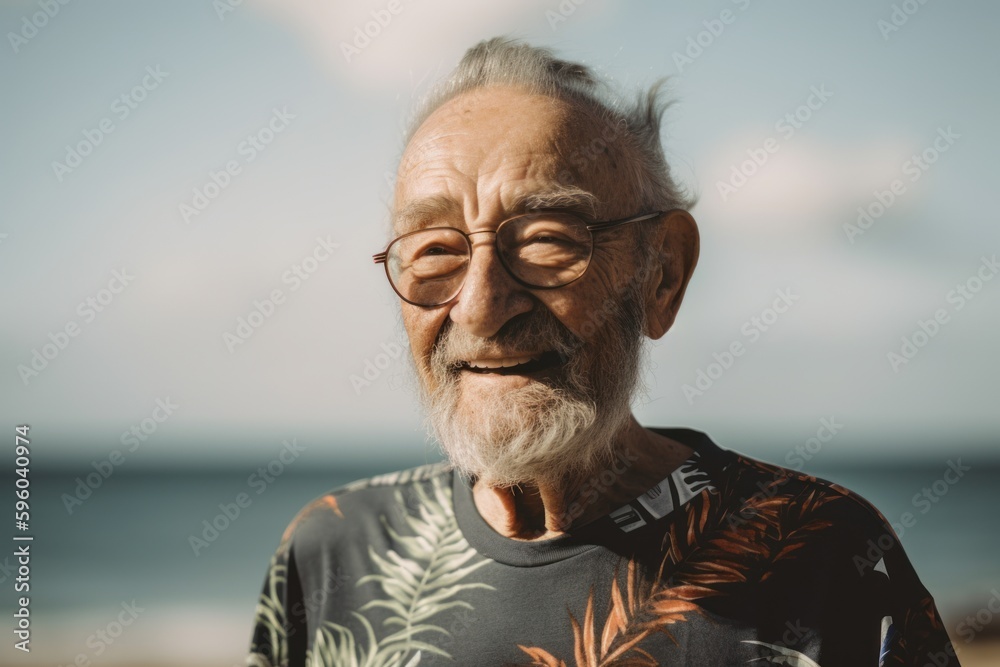 Portrait of a senior man with glasses on the beach at sunset Portrait of a senior man with glasses on the beach at sunset