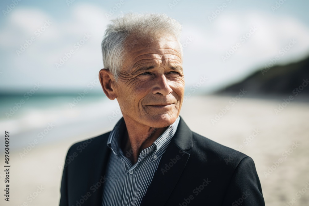 Portrait of senior businessman standing on the beach at the day time Portrait of senior businessman standing on the beach at the day time