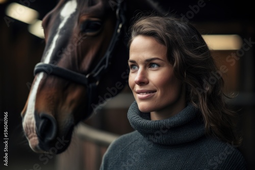 Medium shot portrait photography of a grinning woman in her 30s wearing a cozy sweater against an equestrian or horse background. Generative AI