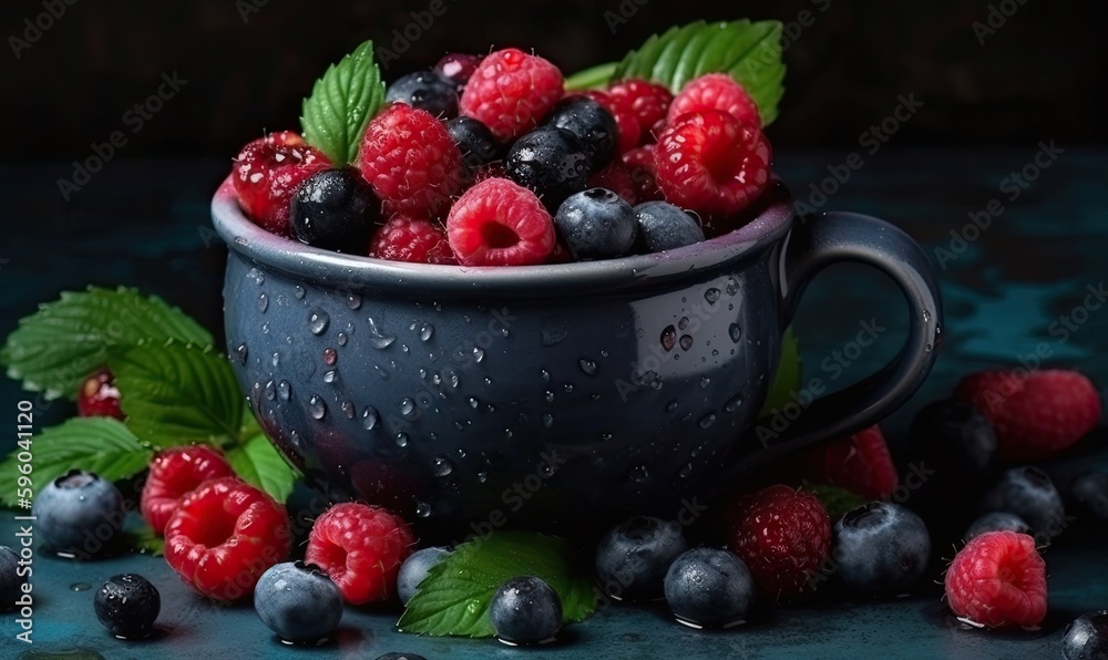 Assorted mix of raspberry and blueberry with green leaves in a ceramic cup, Summer berry harvest concept, generative AI
