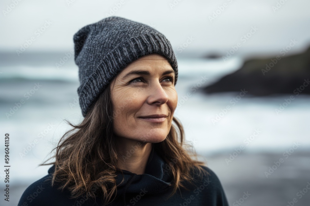 Portrait of smiling woman at the beach on a cold winter day Portrait of smiling woman at the beach on a cold winter day