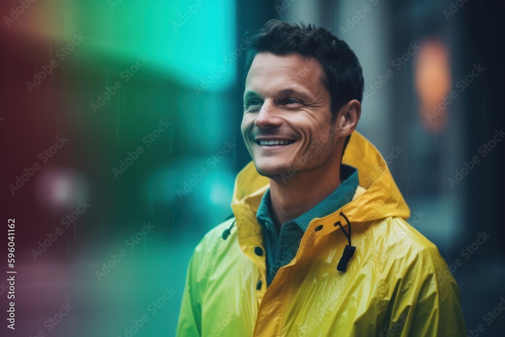 portrait of smiling man in raincoat looking at camera in city portrait of smiling man in raincoat looking at camera in city