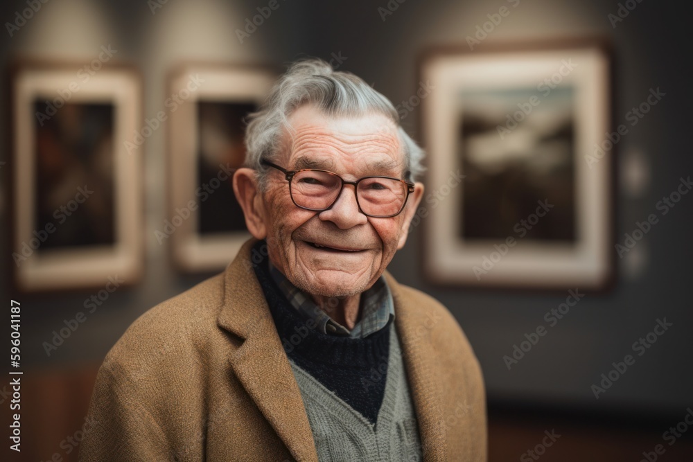 Portrait of an elderly man with glasses in an art gallery. Portrait of an elderly man with glasses in an art gallery.