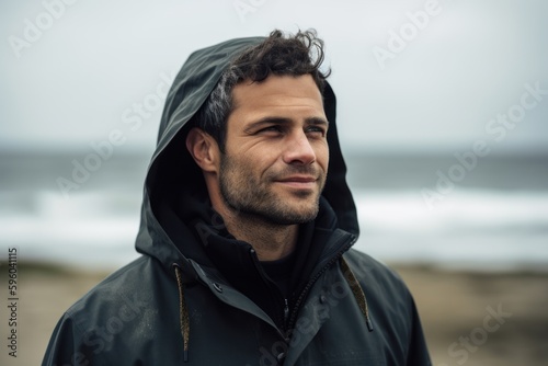 Portrait of a handsome young man at the beach wearing hoodie