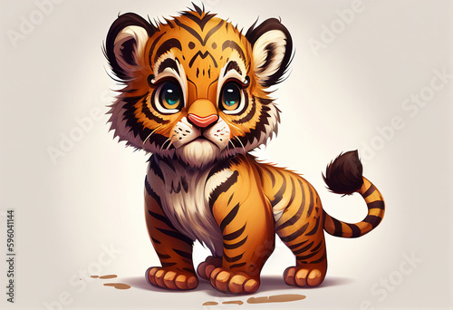 AI GeneratedLittle cartoon tiger cub looks sad ahead on a white background. AI Generated