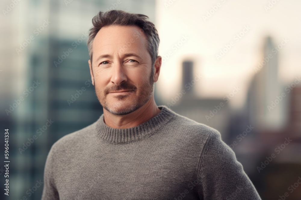 Studio portrait photography of a satisfied man in his 40s wearing a cozy sweater against a futuristic city or skyline background. Generative AI Studio portrait photography of a satisfied man in his 40s wearing a cozy sweater against a futuristic city or skyline background. Generative AI