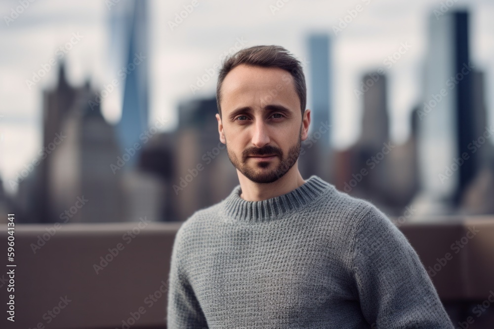 Portrait of a handsome young man in a knitted sweater on the background of the city Portrait of a handsome young man in a knitted sweater on the background of the city