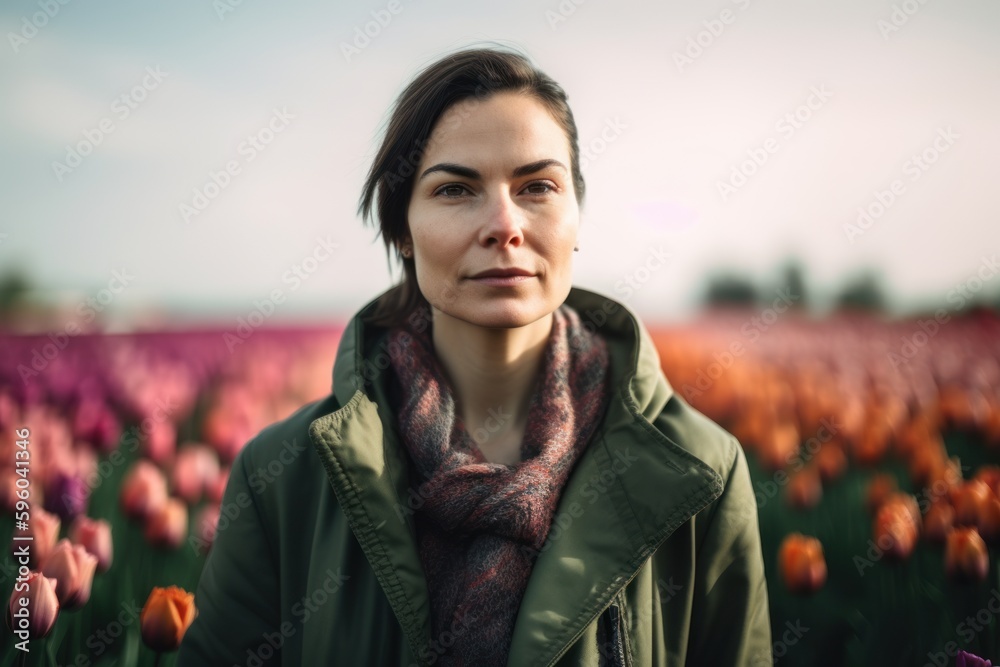 Environmental portrait photography of a grinning woman in her 30s wearing a chic cardigan against a flower field or tulip field background. Generative AI